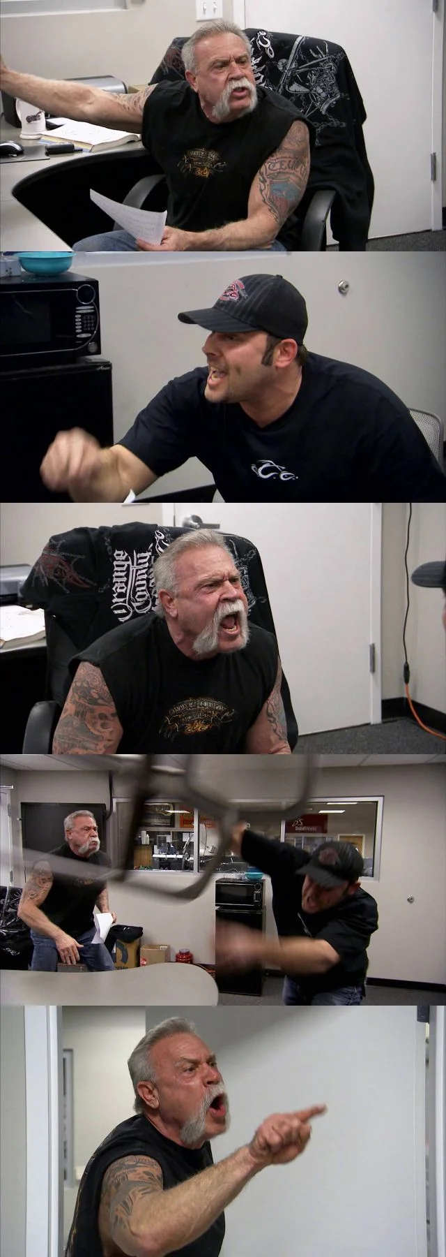 American Chopper Argument meme template: five panels of a father and son shouting at each other across a table