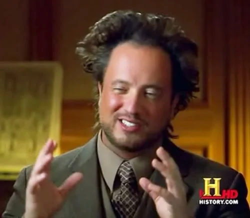 Ancient Aliens meme template: Giorgio Tsoukalos with gravity-defying hair gesturing with both hands