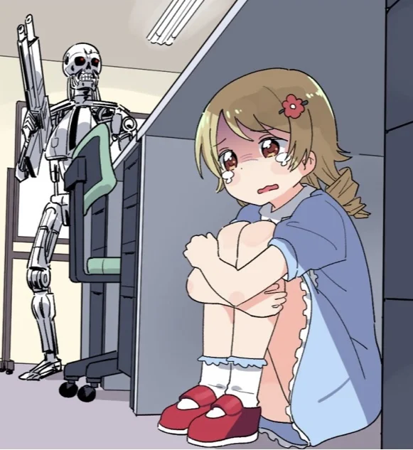 Anime Girl Hiding from Terminator meme template: a frightened anime girl peeking from behind a wall while the Terminator approaches