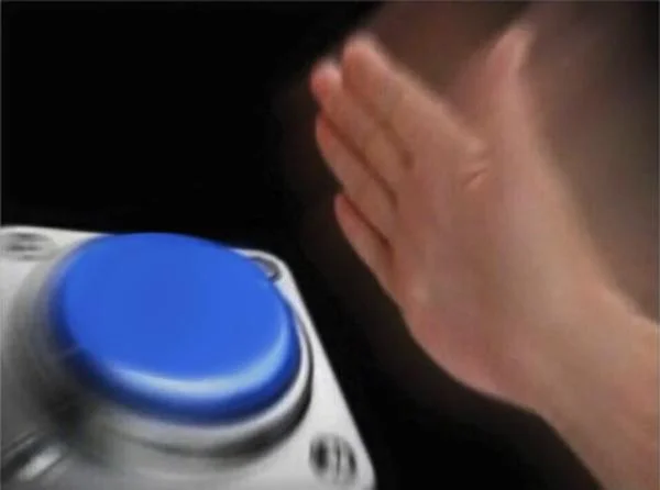 Blank Nut Button meme template: a sweating hand hovering over two blank buttons