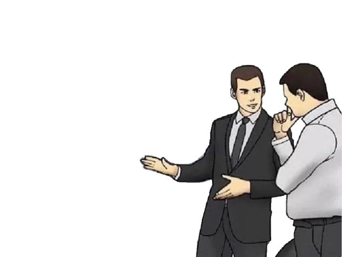 Illustrated car salesman gesturing at empty space while a customer considers