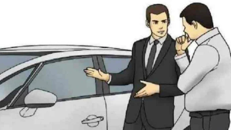 Car salesman slapping the roof of a car while pitching to a customer