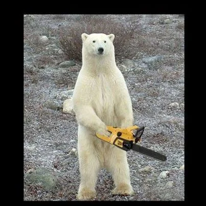 Polar bear standing upright holding a yellow chainsaw