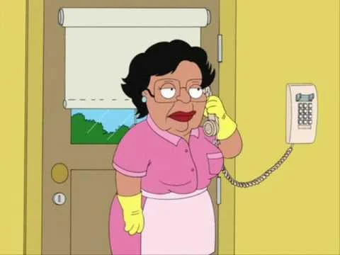 Consuela from Family Guy on the phone looking deadpan