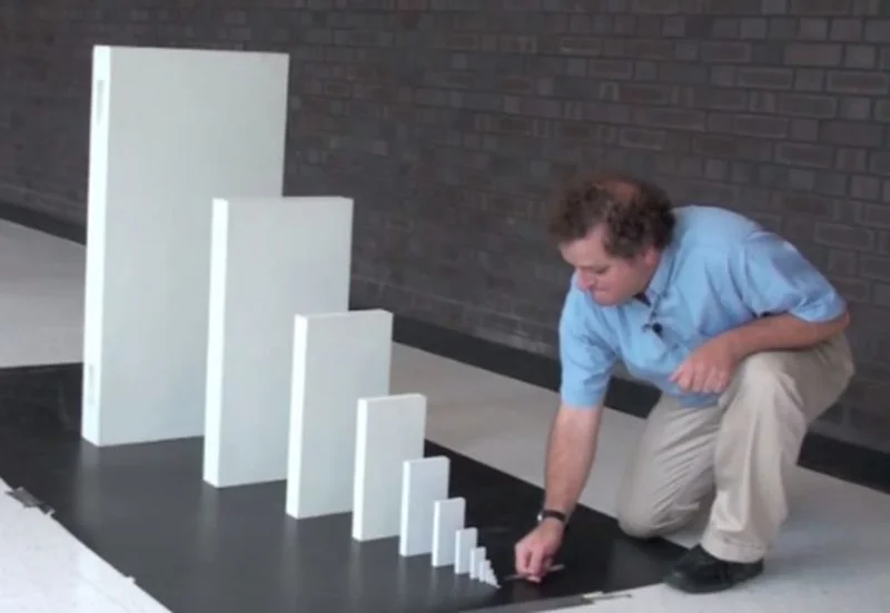Domino Effect meme template: a tiny domino at the start of a chain growing into an enormous final domino