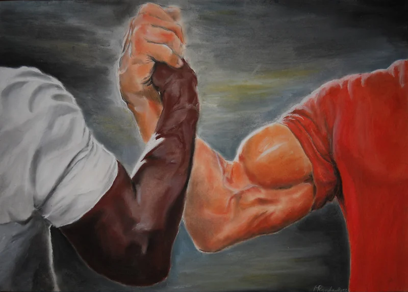 Epic Handshake meme template: two muscular men clasping hands in a mid-air arm wrestle grip