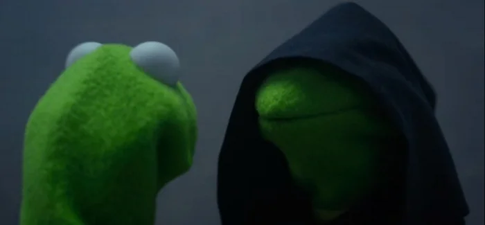 Evil Kermit meme template: Kermit the Frog facing a hooded, dark version of himself
