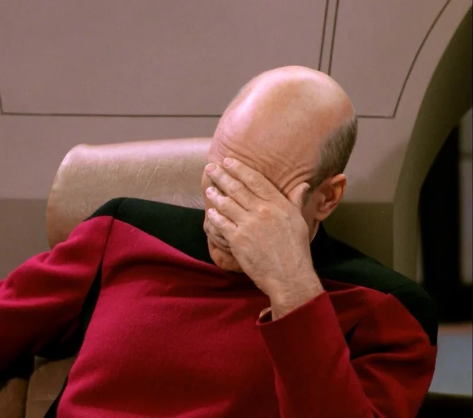 Facepalm meme template: Captain Picard from Star Trek covering his face in exasperation