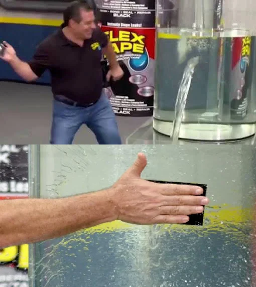 Flex Tape meme template: Phil Swift sawing a leaking tank and slapping tape over the hole