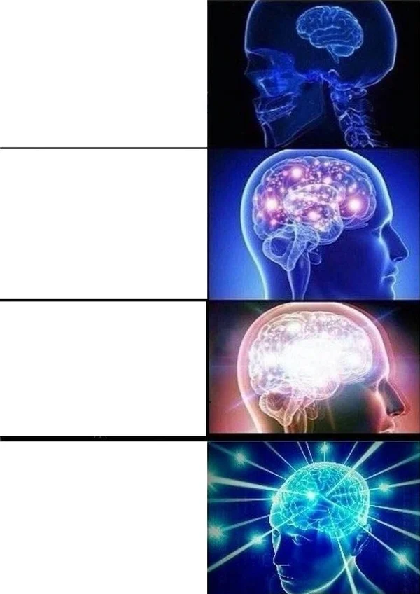 Galaxy Brain meme template: a series of brain images glowing progressively larger and brighter beside text panels