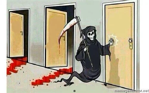 Grim Reaper Knocking Door meme template: the Grim Reaper moving down a row of doors, several already marked