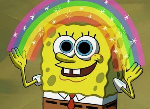 Imagination Spongebob meme template: SpongeBob spreading rainbow hands with the word imagination