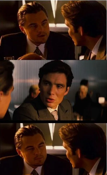 Three-panel Inception conversation between DiCaprio and Cillian Murphy
