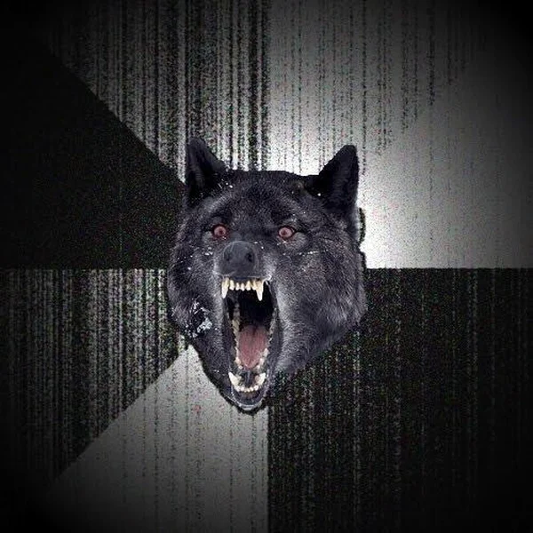 Insanity Wolf meme template: a snarling white wolf baring its teeth up close