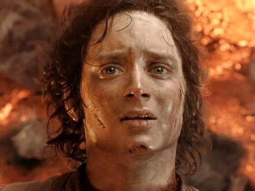 Exhausted Frodo at Mount Doom looking traumatized meme template