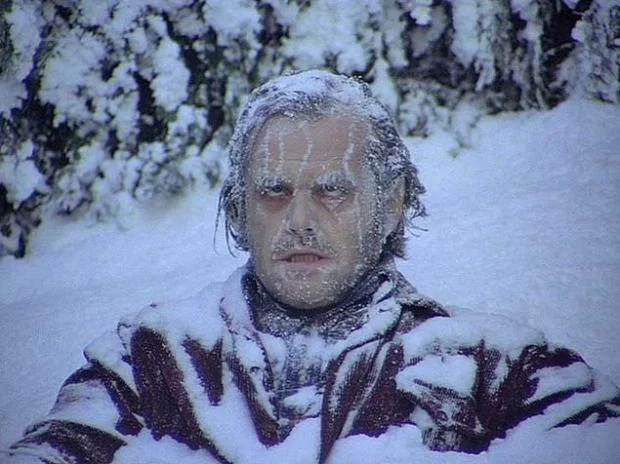 Jack Nicholson frozen in the snow at the end of The Shining meme template