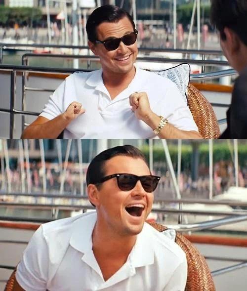 Two-panel Leonardo DiCaprio on yacht smug then laughing from Wolf of Wall Street