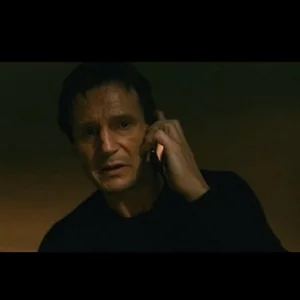 Liam Neeson on a flip phone in Taken letterboxed close-up meme template