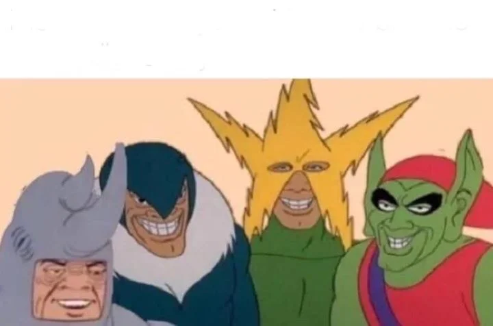Four Spider-Man villains smiling with blank white caption bar on top