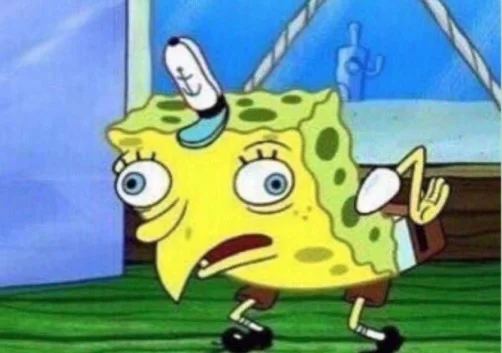 Mocking SpongeBob meme template: SpongeBob SquarePants bent forward with a beak-like grimace on his face