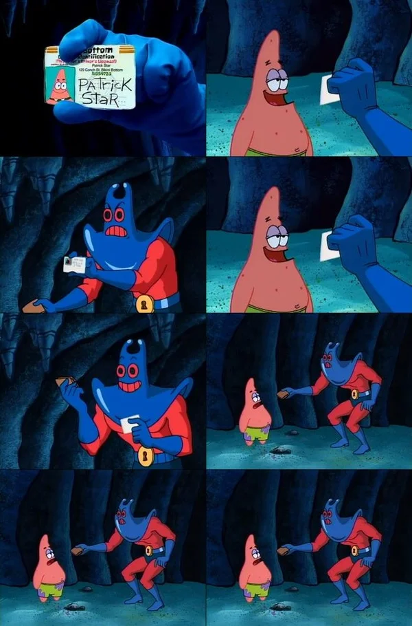 Patrick Star's Wallet meme template: a multi-panel SpongeBob interrogation about a found wallet