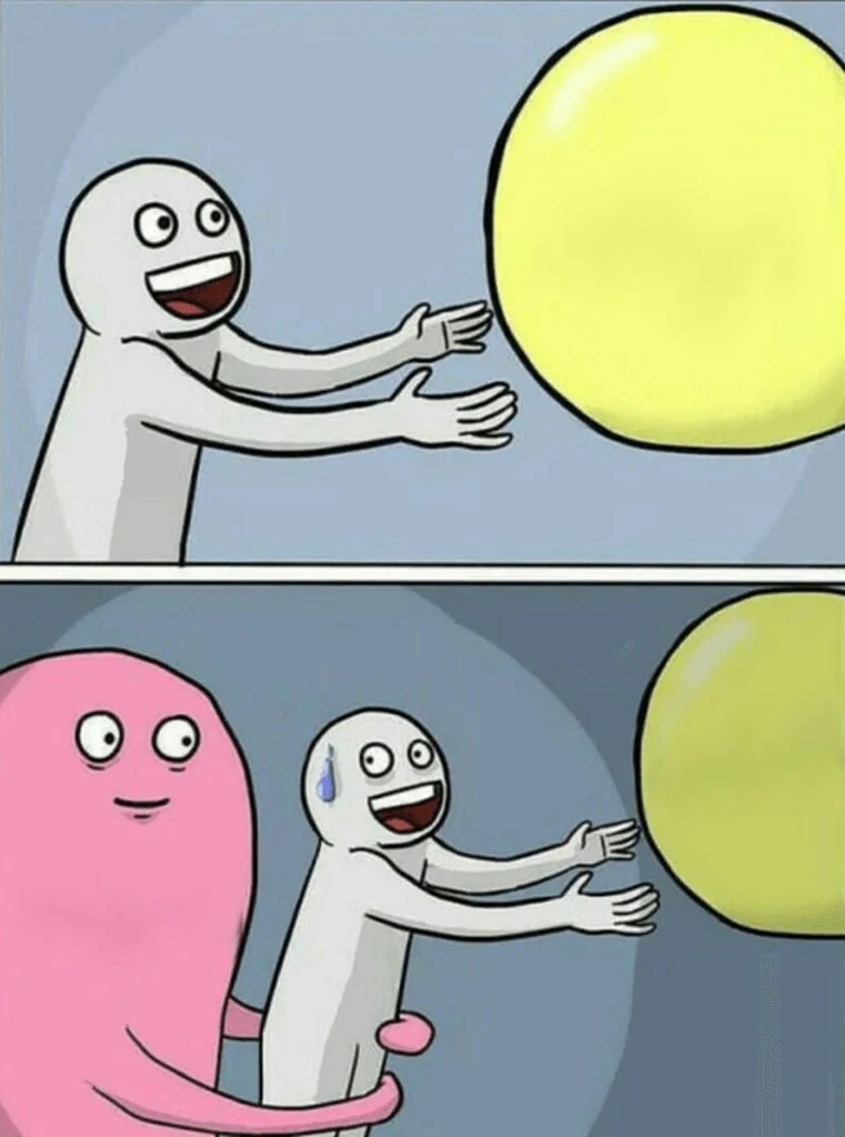 Running Away Balloon meme template: a girl straining toward her goal while a balloon restrains her from behind