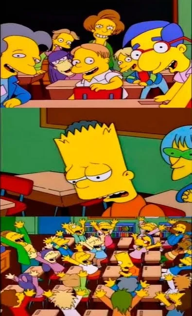 Say The Line Bart meme template: Bart Simpson surrounded by classmates demanding he repeat his catchphrase