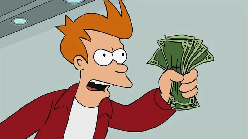 Shut Up and Take My Money meme template: Fry from Futurama waving a fistful of cash