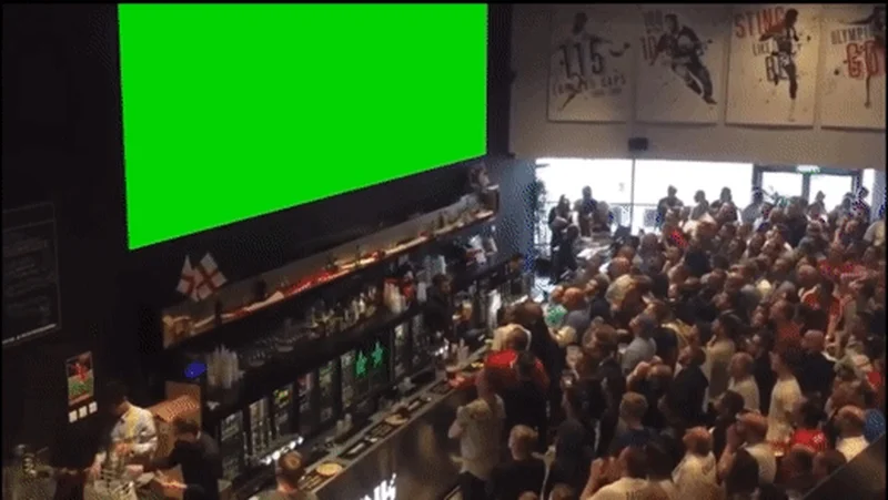 Soccer Celebration In A Bar meme template: a packed pub crowd erupting in front of a green screen TV