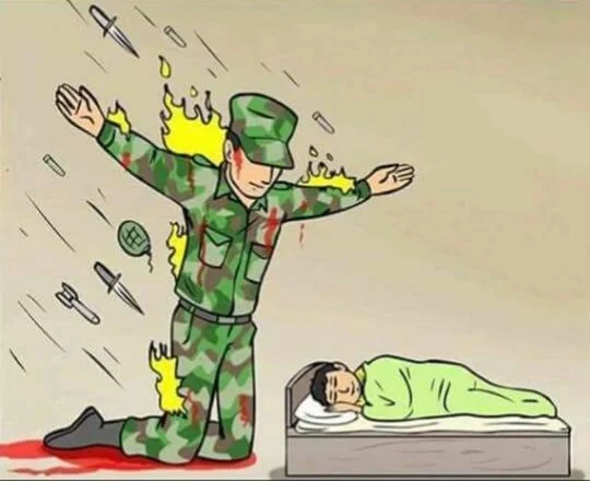 Soldier Protecting Sleeping Child meme template: a wounded cartoon soldier shielding a sleeping child from falling weapons