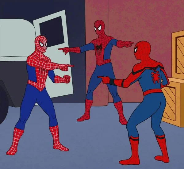 Spider Man Triple meme template: three identical Spider-Men all pointing at each other