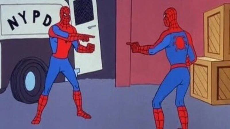 Spider-Man Pointing at Spider-Man meme template: two identical Spider-Men pointing at each other