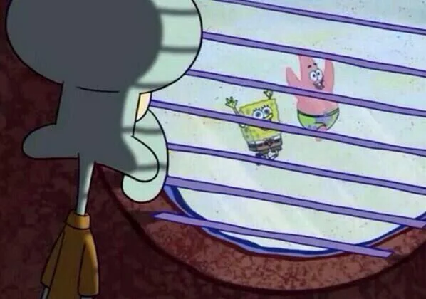Squidward Window meme template: Squidward peering wistfully through his window blinds
