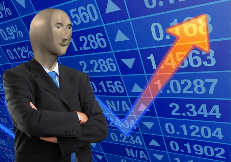 Stonks meme template: a gray 3D mannequin head in a business suit standing before a rising stock chart