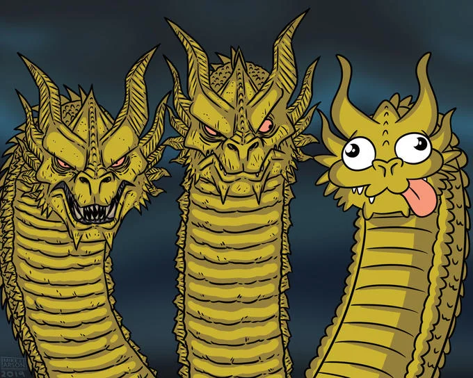 Three-headed Dragon meme template: King Ghidorah with two fierce heads and one goofy smiling head