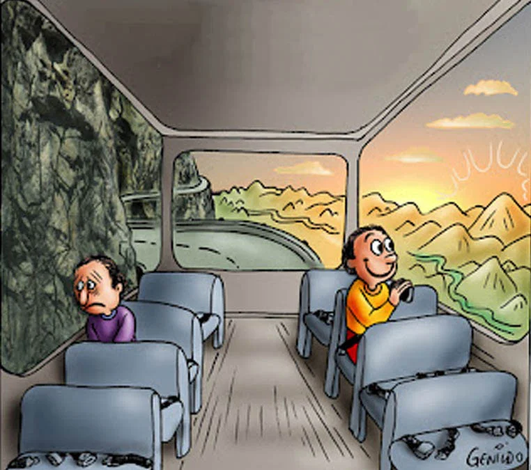 Two Guys on a Bus meme template: two passengers, one gazing at scenery, one staring at a wall