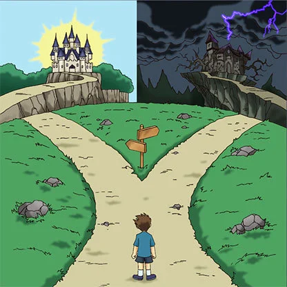 Two Paths meme template: a cartoon traveler at a fork in the road between a bright castle and a dark one