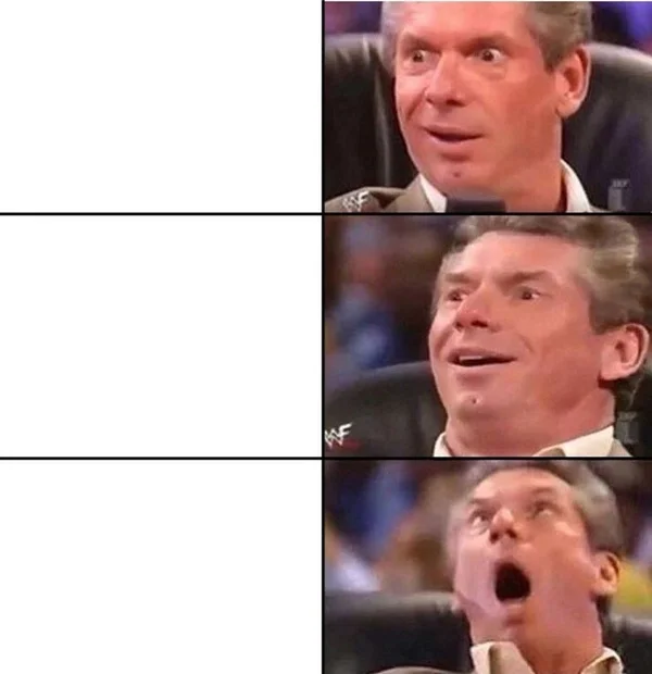 Vince McMahon Reaction meme template: the WWE chairman's escalating four-stage expression of delight