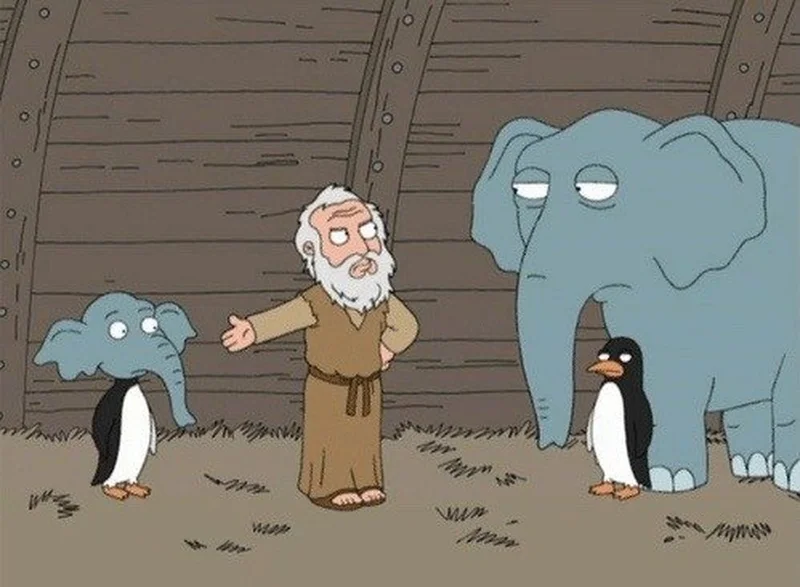 What the Hell is This meme template: Noah from Family Guy confronting a bizarre hybrid animal on the ark